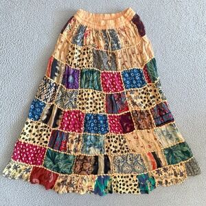 Vintage 90s Patchwork Maxi Skirt Medium Boho Hippie Multi Print Embroidered